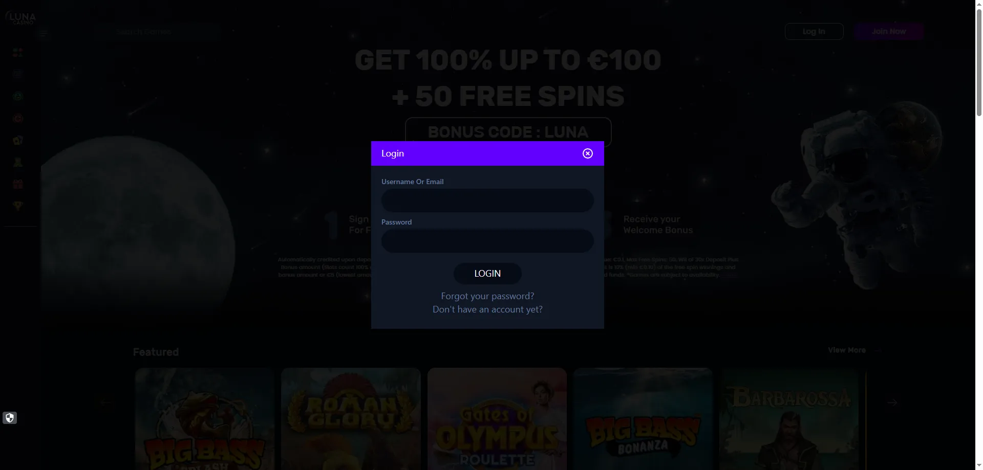 Panel de jugador registrado en Luna Casino con acceso a bonos y VIP