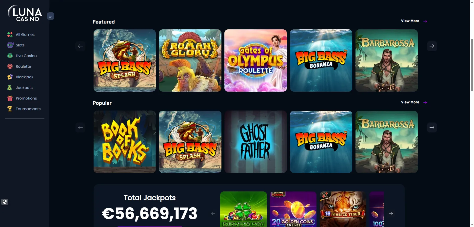 Tragaperras en línea de Luna Casino — más de 3.700 juegos disponibles