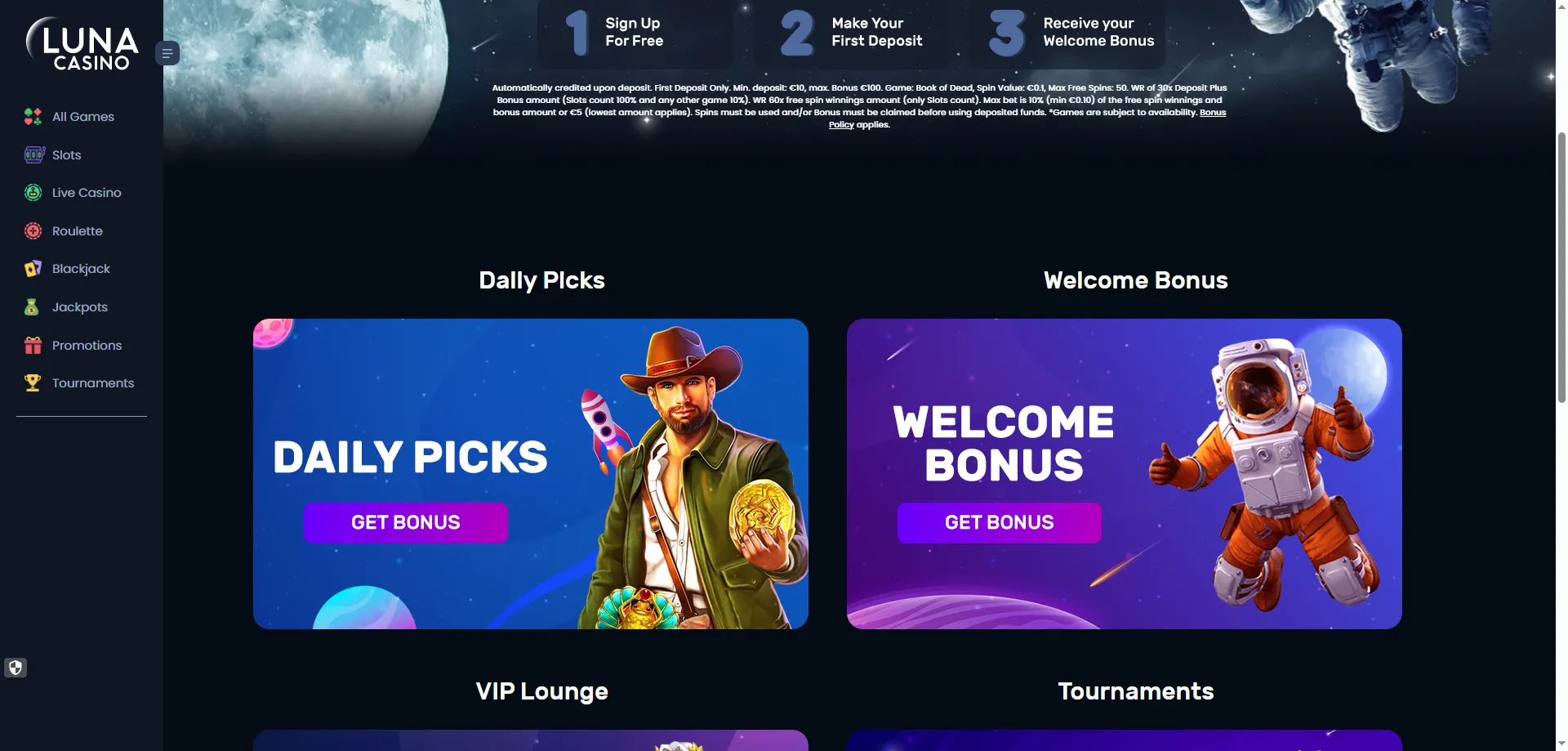 Bono de bienvenida Luna Casino 100% hasta 100 euros